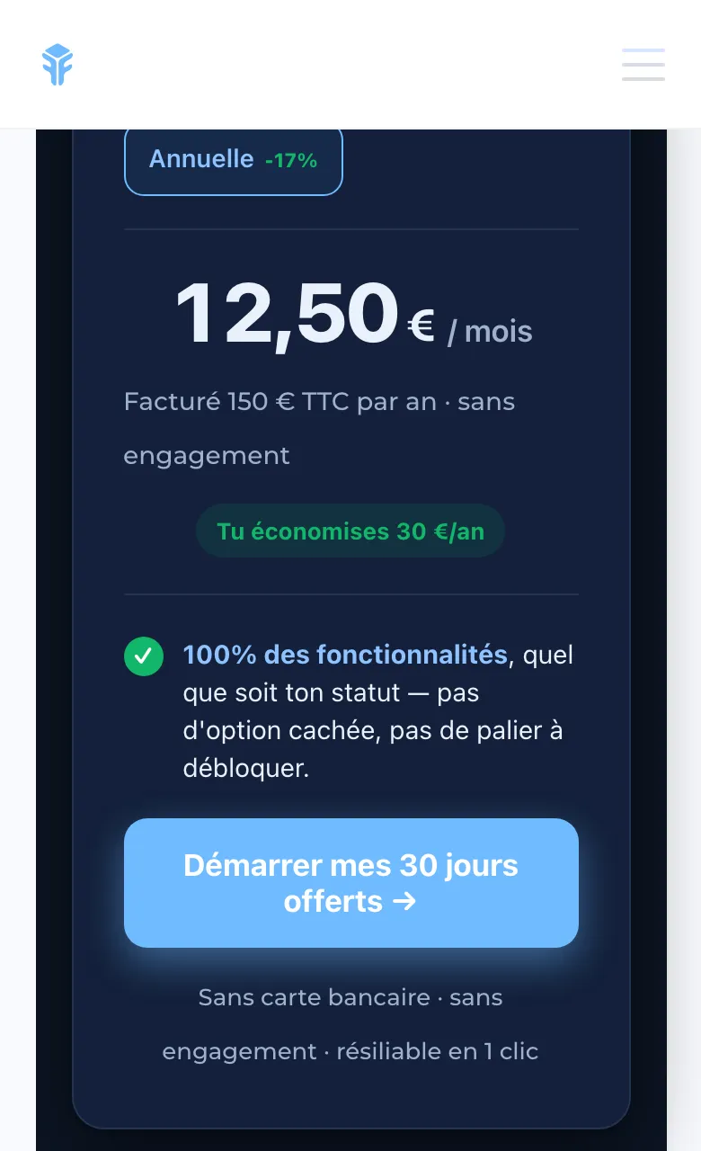 Page tarifs de Freebe sur téléphone : 12,50 € par mois, facturé 150 € TTC par an, Tu économises 30 € par an