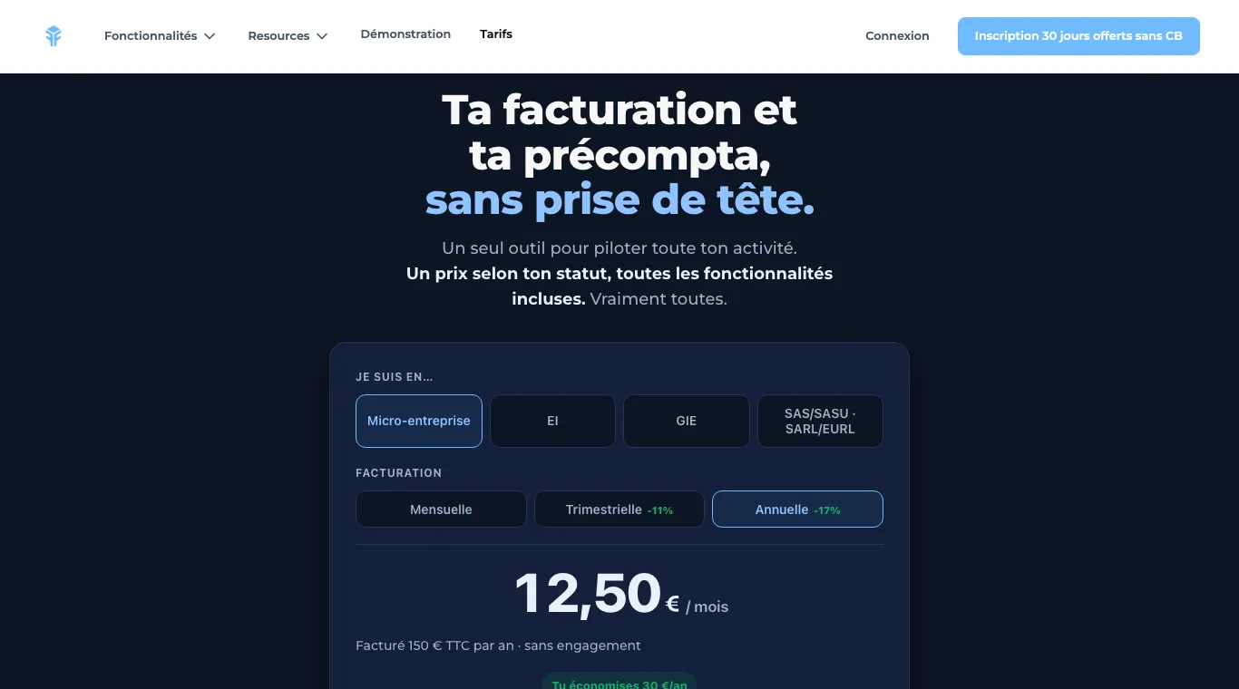 Page tarifs de Freebe, micro-entreprise et facturation annuelle sélectionnées : 12,50 € par mois, facturé 150 € TTC par an
