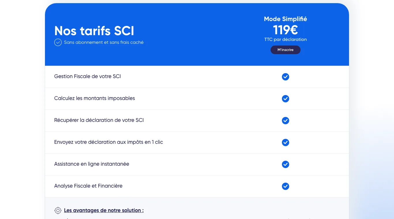 Page tarifs SCI de Decla.fr : mode simplifié à 119 € TTC par déclaration, sans abonnement et sans frais caché