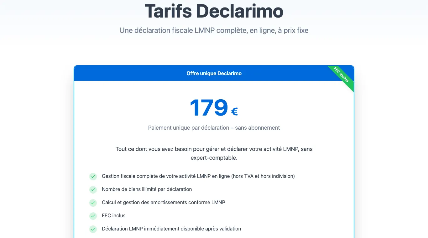 Page tarifs de Declarimo : offre unique à 179 €, paiement unique par déclaration, sans abonnement, nombre de biens illimité