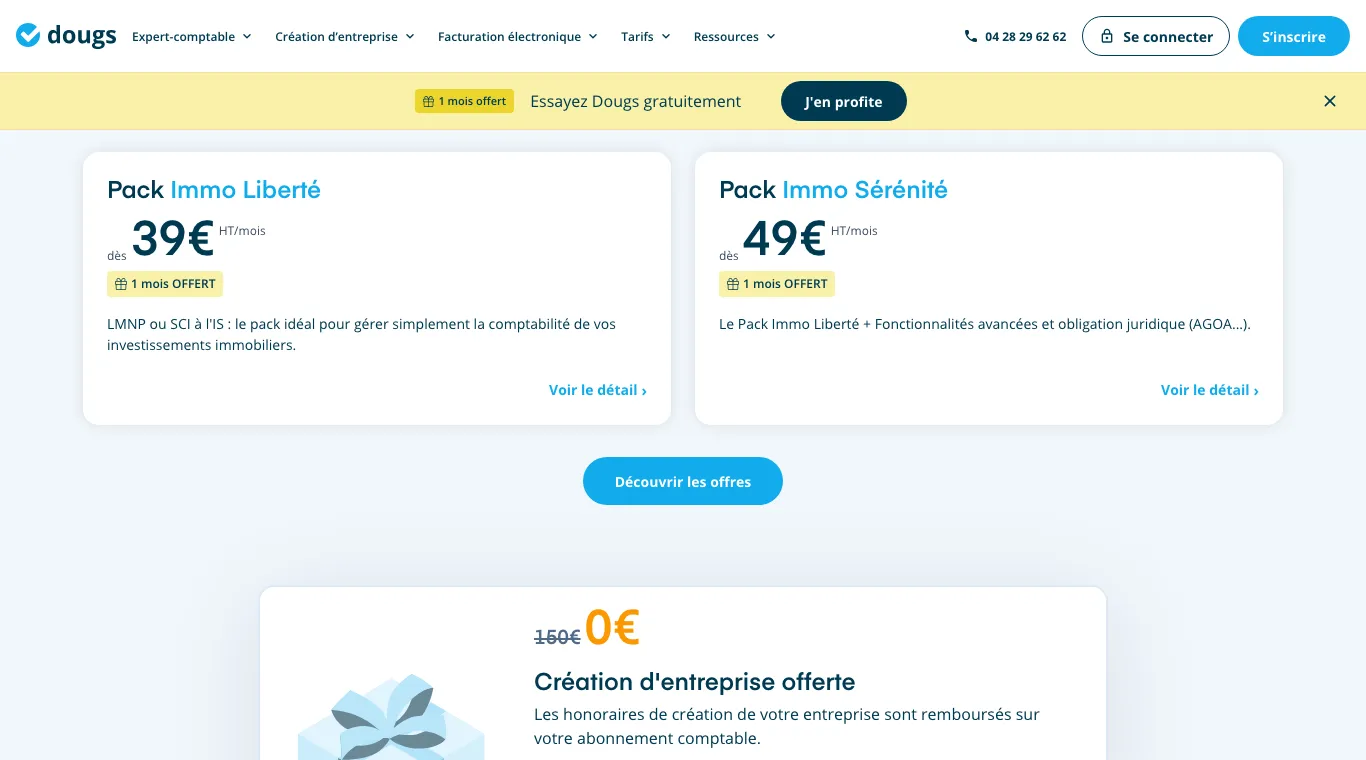 Page LMNP de Dougs : Pack Immo Liberté dès 39 € HT par mois et Pack Immo Sérénité dès 49 € HT par mois, 1 mois offert