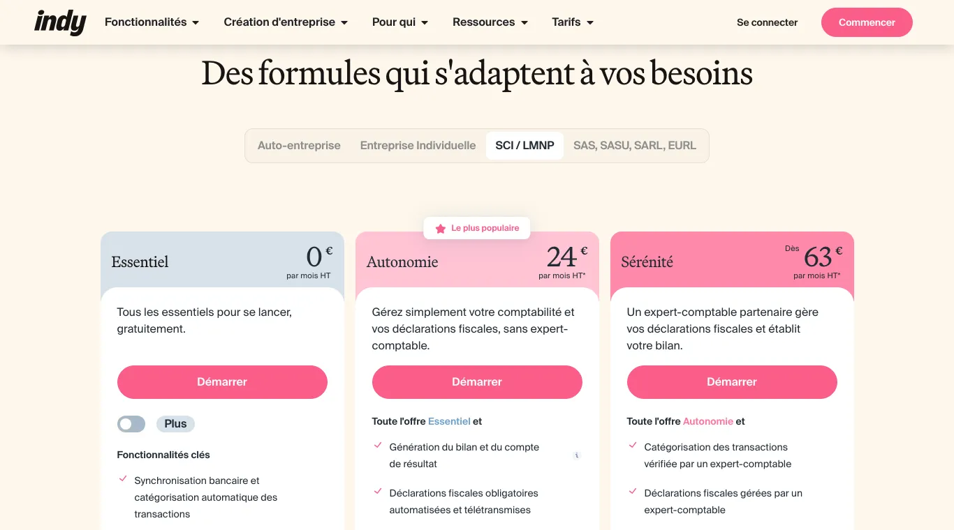 Page tarifs d'Indy, onglet SCI / LMNP : Essentiel à 0 €, Autonomie à 24 € et Sérénité dès 63 € HT par mois