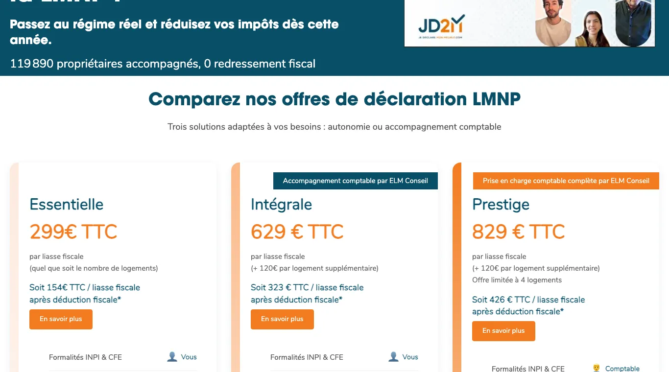 Page tarifs de JD2M : Essentielle à 299 € TTC, Intégrale à 629 € TTC et Prestige à 829 € TTC par liasse fiscale