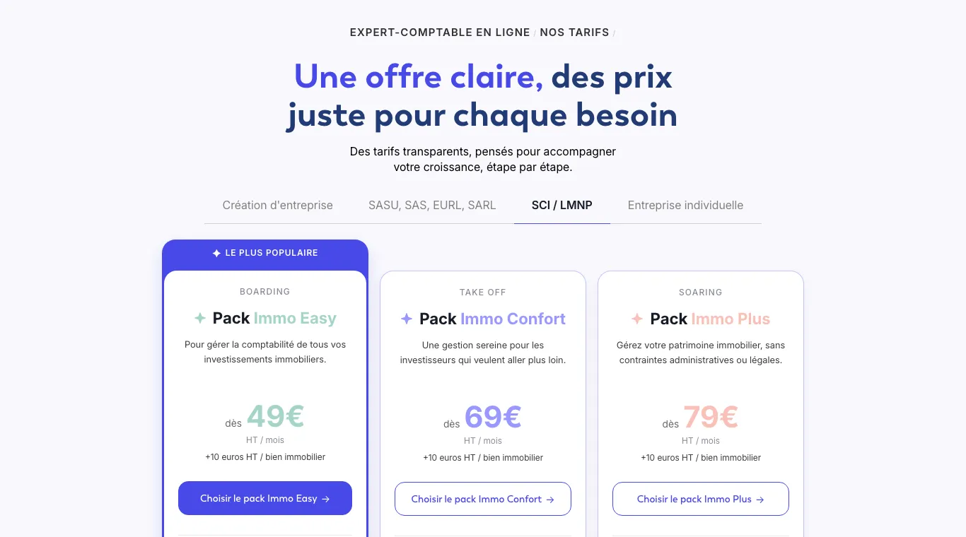 Page tarifs de Keobiz, onglet SCI / LMNP : Pack Immo Easy dès 49 €, Immo Confort dès 69 € et Immo Plus dès 79 € HT par mois, plus 10 € HT par bien