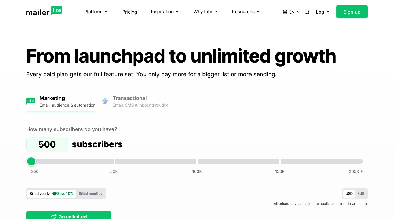Page tarifs de MailerLite : curseur du nombre d'abonnés réglé sur 500, facturation annuelle à −10 % et choix de la devise USD ou EUR