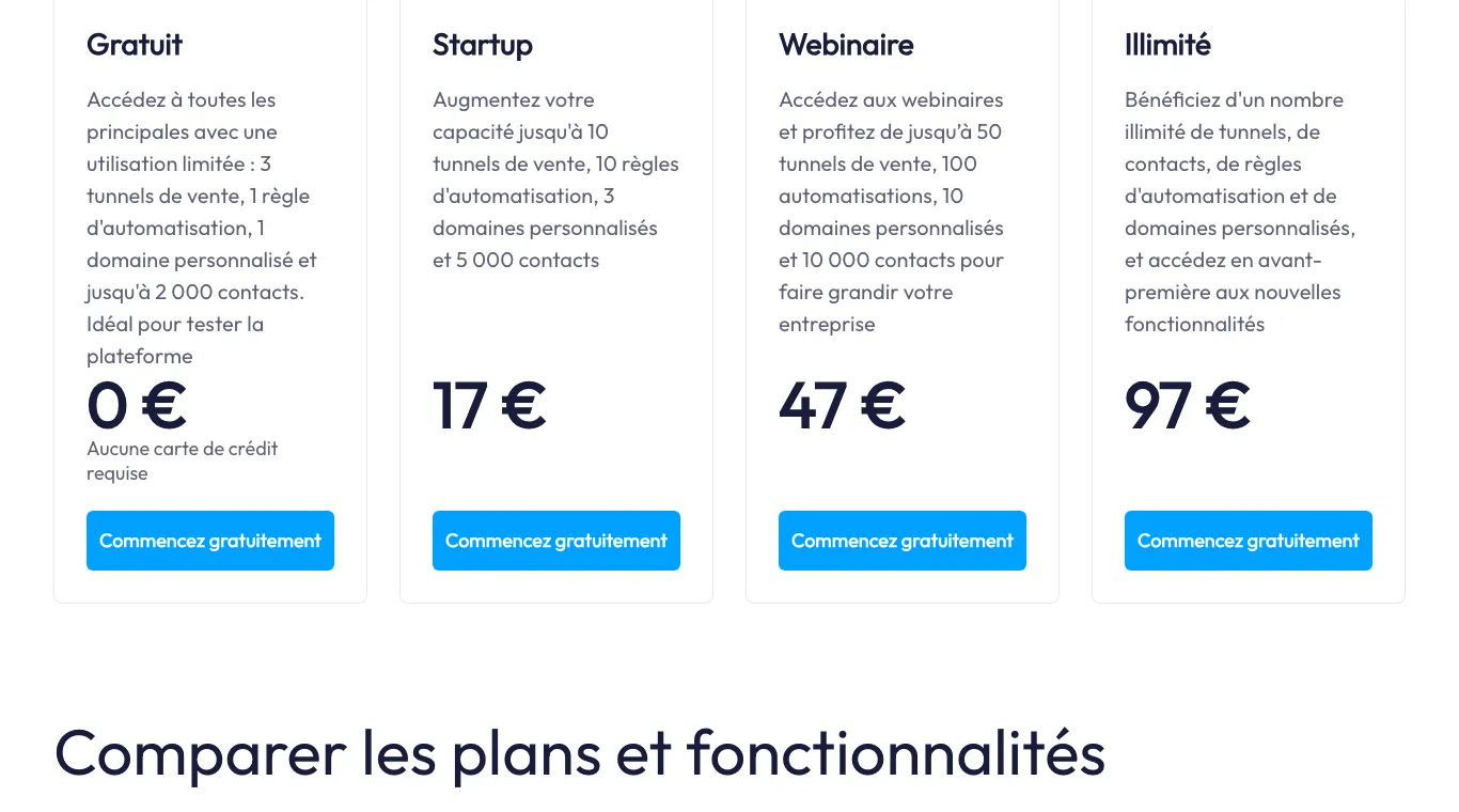 Page tarifs de Systeme.io : Gratuit à 0 € jusqu'à 2 000 contacts, Startup à 17 €, Webinaire à 47 € et Illimité à 97 € par mois