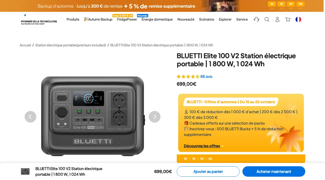 Page de la Bluetti Elite 100 V2 (1 800 W, 1 024 Wh) sur fr.bluettipower.eu : 699,00 €, encart « Offres d'automne, du 15 au 25 octobre » avec 100 € de réduction dès 1 000 € d'achat