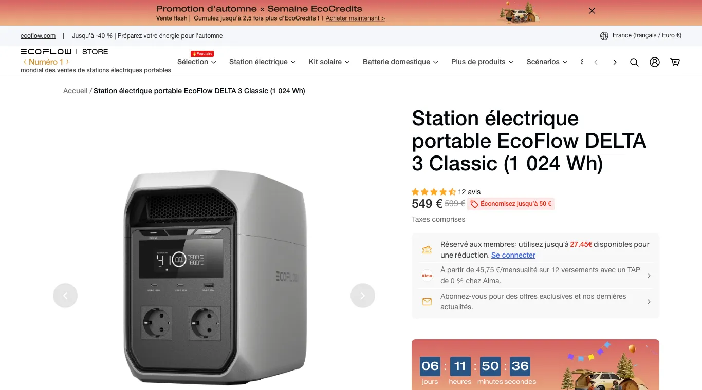 Page de l'EcoFlow DELTA 3 Classic (1 024 Wh) sur fr.ecoflow.com : 549 € au lieu de 599 €, pastille « Économisez jusqu'à 50 € », bandeau « Promotion d'automne, Vente flash » et compte à rebours