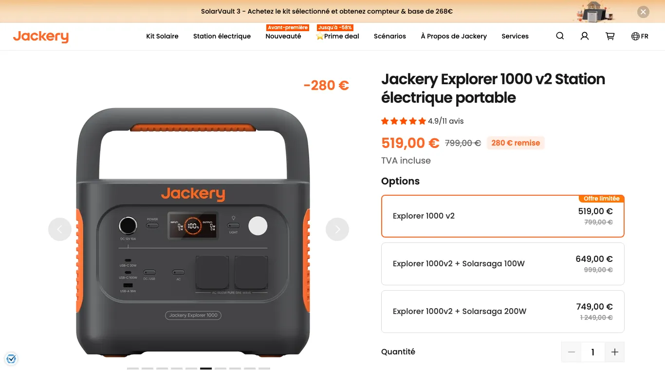Page de la Jackery Explorer 1000 v2 sur fr.jackery.com : 519,00 € au lieu de 799,00 €, pastille « 280 € remise », option « Offre limitée »