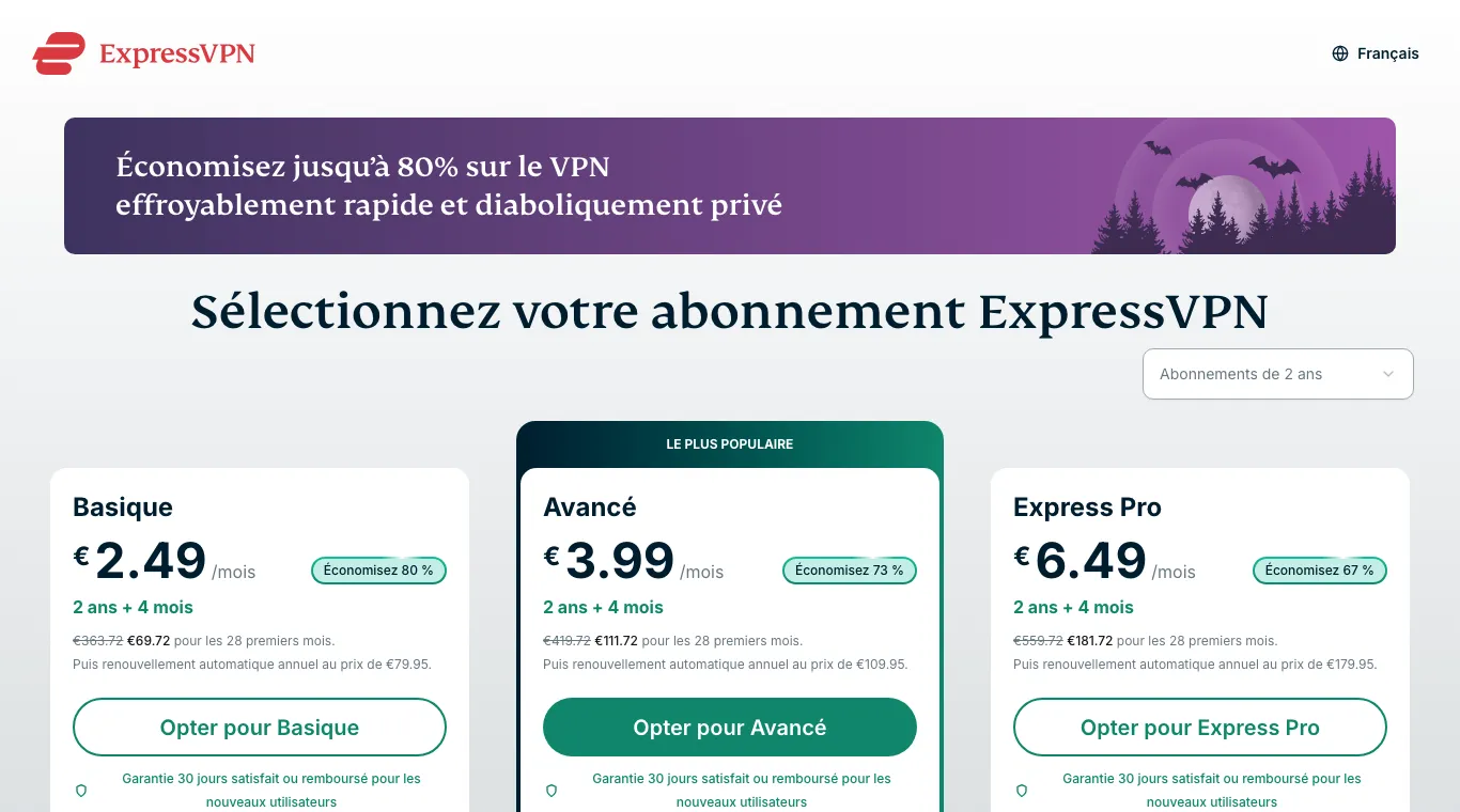 Grille ExpressVPN 2 ans : Basique à 2,49 € par mois, 69,72 € pour les 28 premiers mois puis 79,95 € par an, Avancé à 3,99 €, Express Pro à 6,49 €