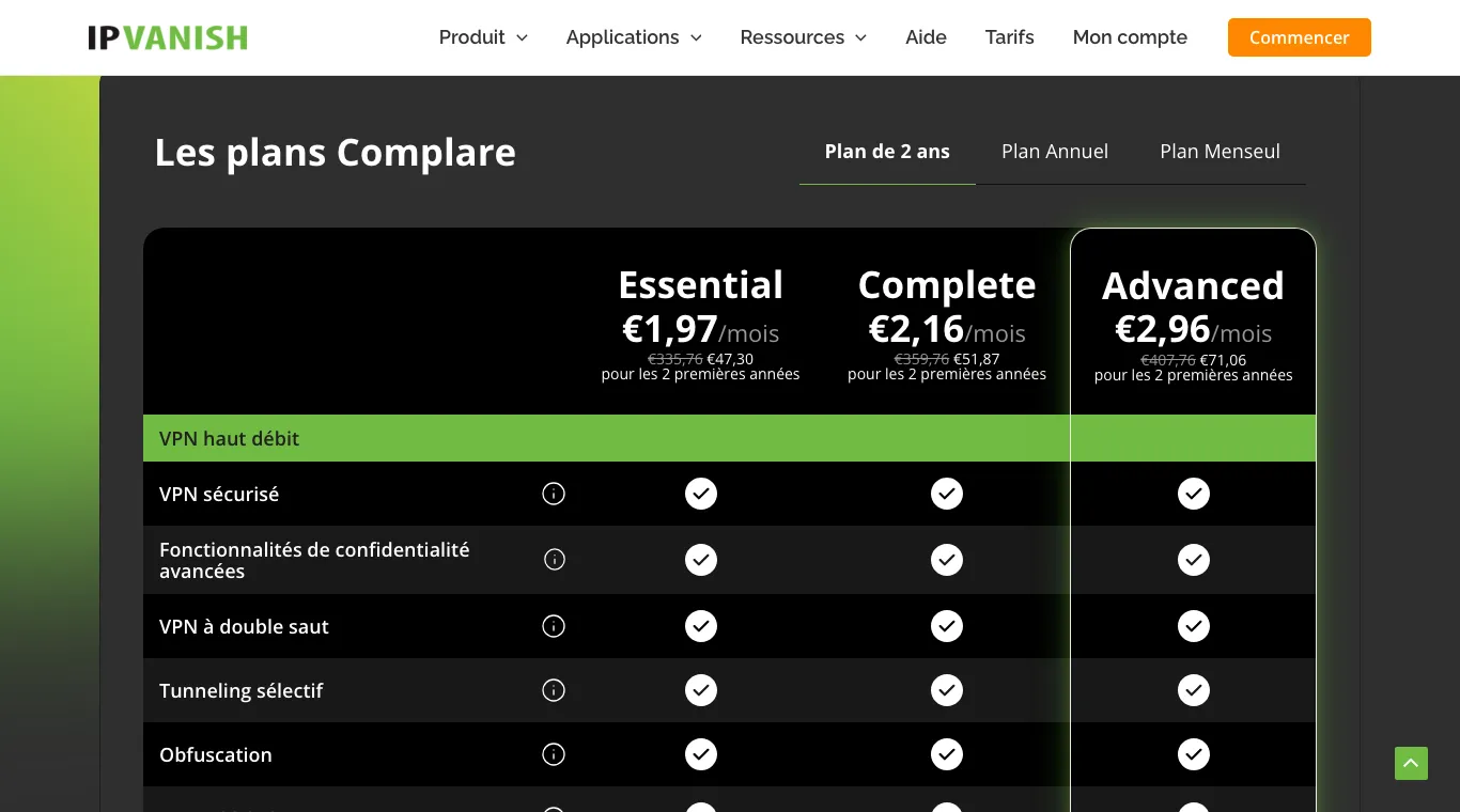 Grille IPVanish, plan de 2 ans : Essential à 1,97 € par mois, 47,30 € au lieu de 335,76 € pour les 2 premières années, Complete à 51,87 €, Avancé à 71,06 €