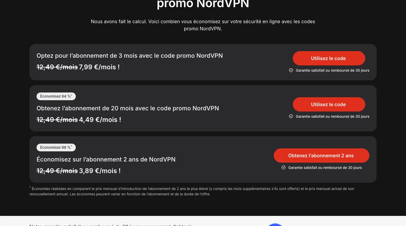 Page coupon NordVPN d'octobre 2026 : 3 mois à 7,99 € par mois, 20 mois à 4,49 € avec code, abonnement 2 ans à 3,89 € par mois