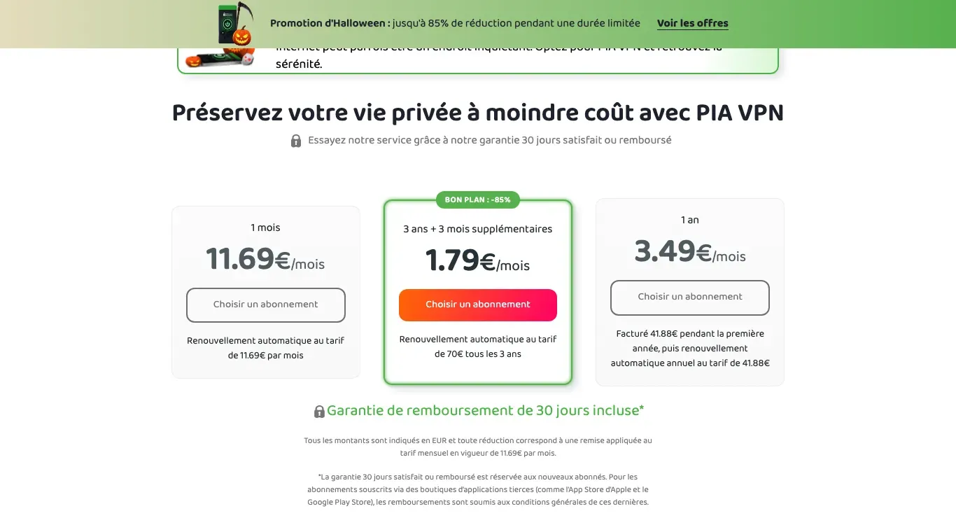 Grille de tarifs de PIA : 1 mois à 11,69 €, 3 ans + 3 mois à 1,79 € par mois renouvelé 70 € tous les 3 ans, 1 an à 3,49 € par mois facturé 41,88 €