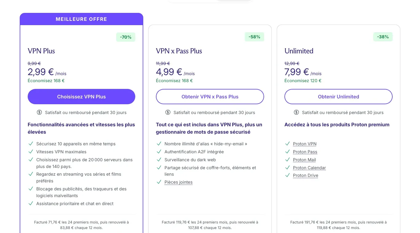 Page des offres Proton VPN sur 2 ans : VPN Plus à 2,99 € par mois au lieu de 9,99 €, facturé 71,76 € les 24 premiers mois puis renouvelé à 83,88 € chaque 12 mois