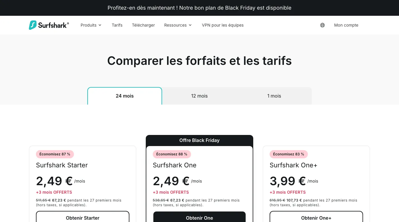 Grille Surfshark 24 mois : Starter à 2,49 € par mois, 67,23 € hors taxes pendant les 27 premiers mois, One au même prix, One+ à 3,99 €