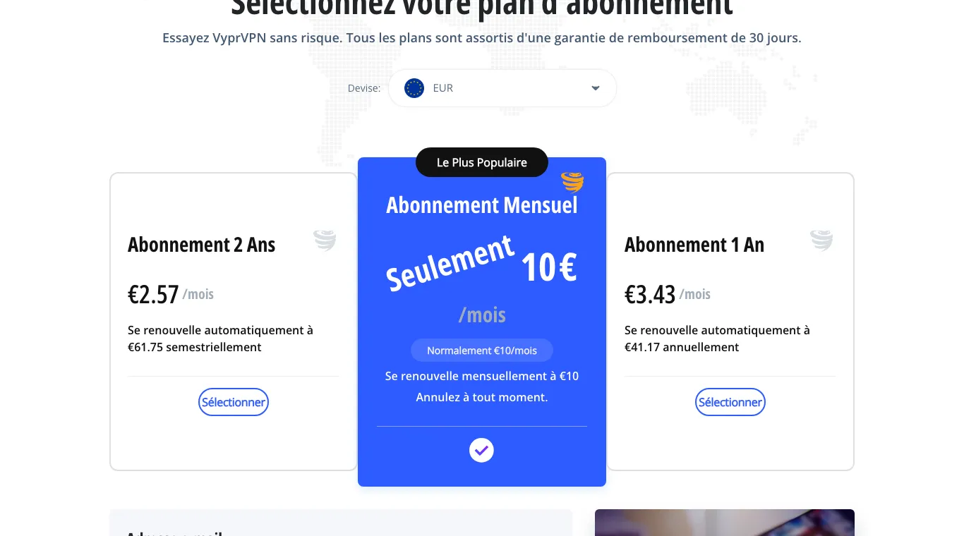 Page d'achat VyprVPN : 2 ans à 2,57 € par mois renouvelé 61,75 €, 1 mois à 10 €, 1 an à 3,43 € par mois renouvelé 41,17 €