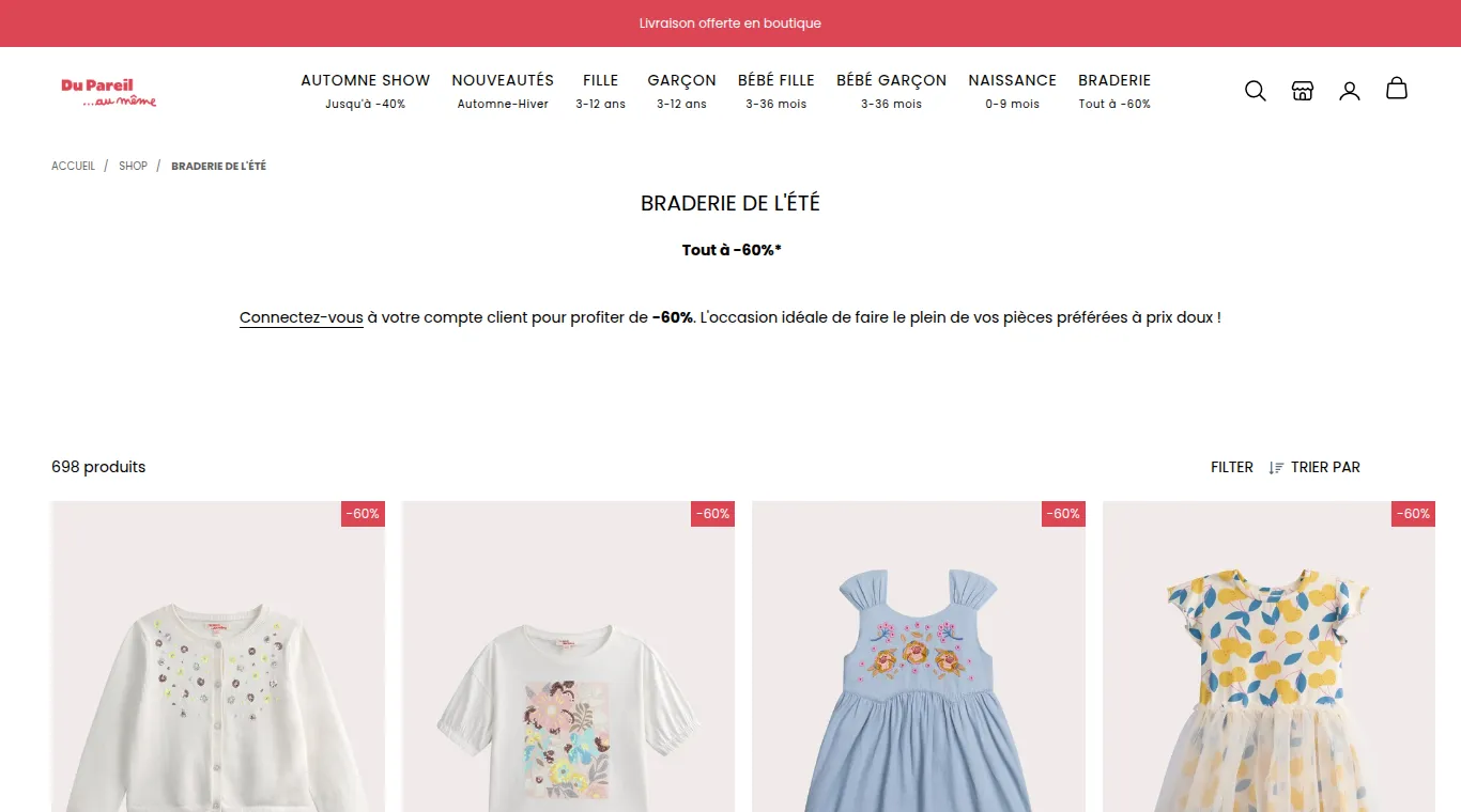 Page Braderie de l'été sur dpam.com : bandeau « Tout à −60 %* », invitation à se connecter à son compte client pour profiter de −60 %, articles marqués d'une pastille −60 %.