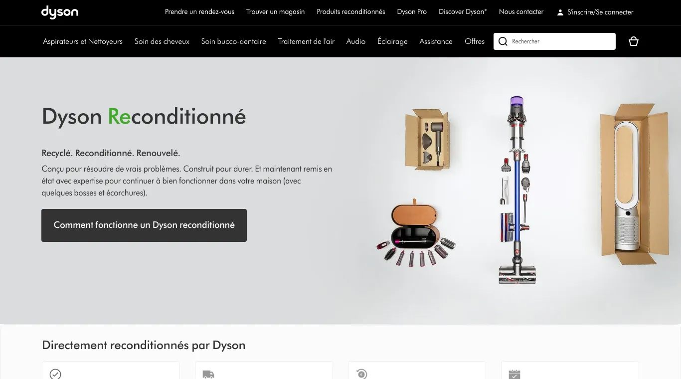 Page Dyson Reconditionné sur dyson.fr avec aspirateur, sèche-cheveux et purificateur dans leurs cartons