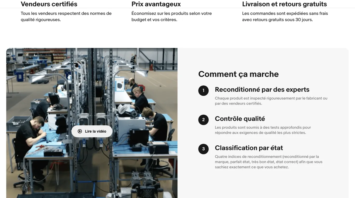 Page eBay Reconditionné annonçant livraison et retours gratuits sous 30 jours
