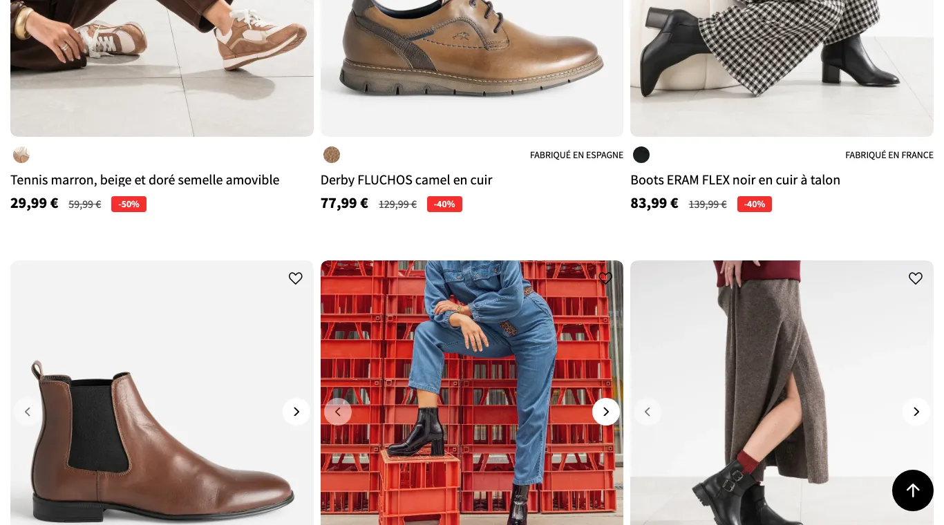 Page Outlet d'Eram avec des chaussures affichées à −50 % et −40 % sur leur prix barré