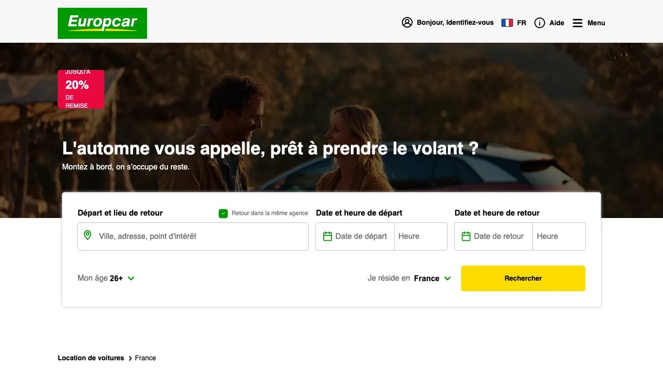 Page promotions France d'Europcar avec le badge Jusqu'à 20 % de remise et le formulaire de réservation