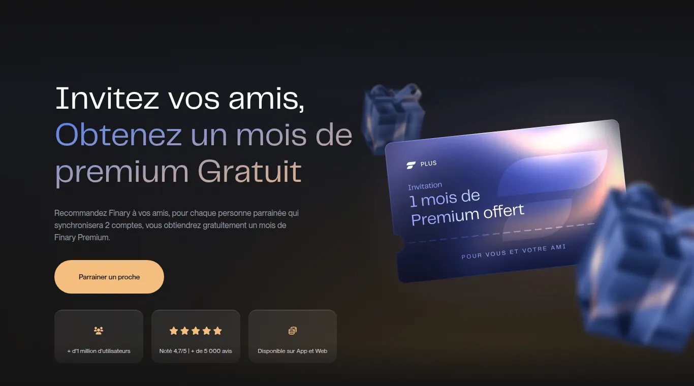 Page de parrainage de Finary : « Invitez vos amis, obtenez un mois de premium gratuit », avec une invitation « 1 mois de Premium offert, pour vous et votre ami ».
