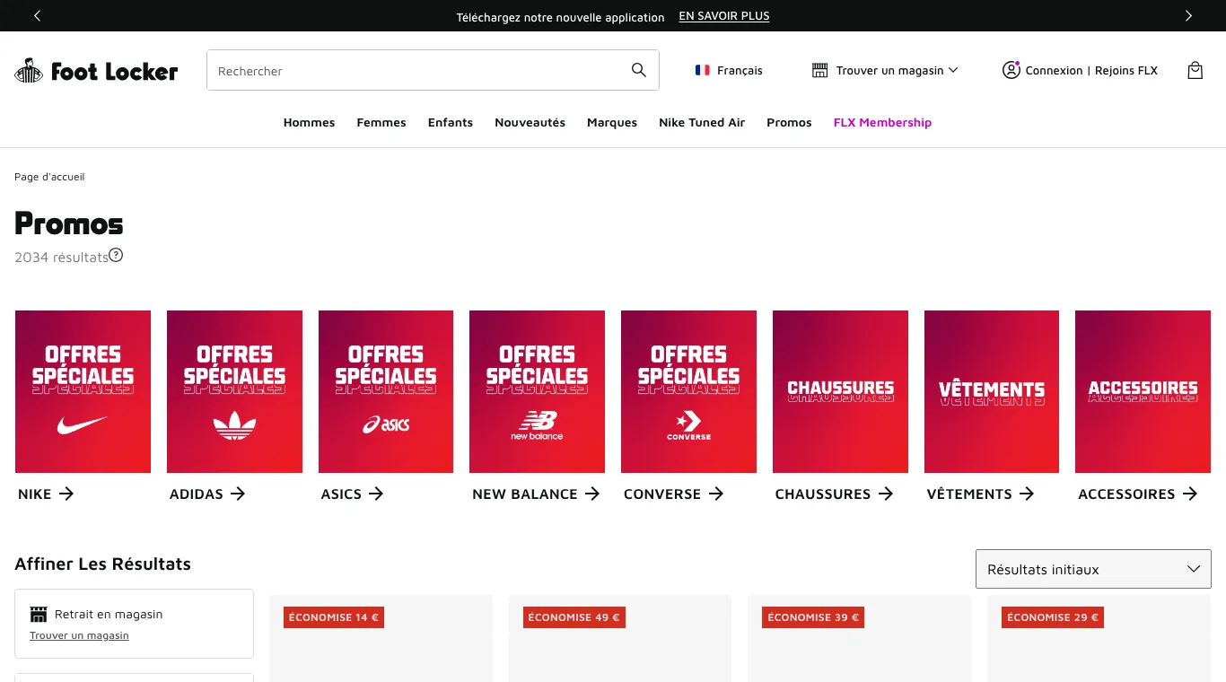 Page Promos de Foot Locker avec 2034 résultats et des offres spéciales par marque