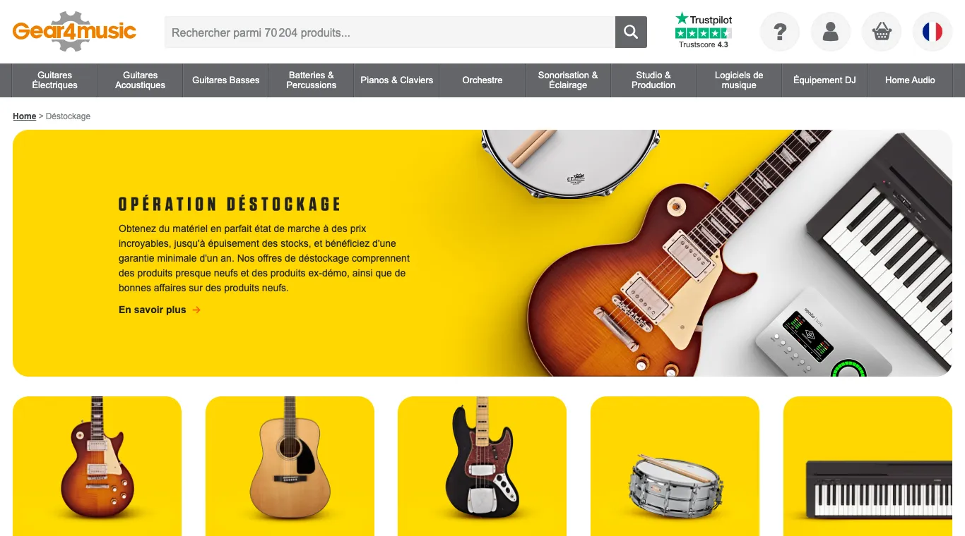 Page Opération Déstockage de Gear4music avec guitare, clavier et interface audio