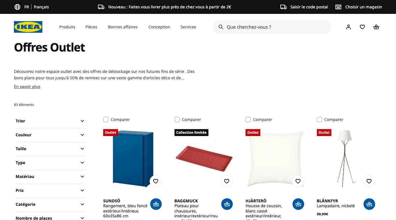 Page Offres Outlet d'IKEA : fins de série avec étiquettes Outlet et Collection limitée