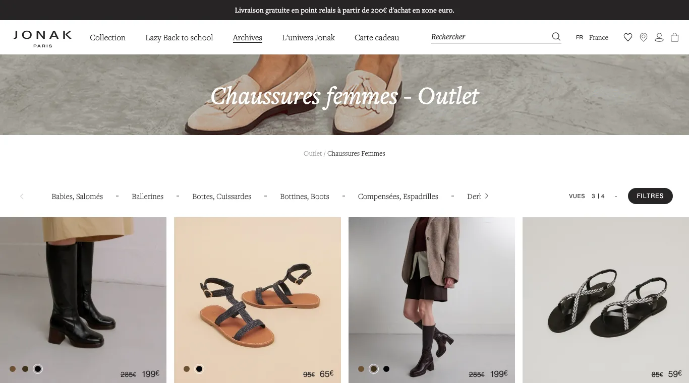 Page Outlet chaussures femmes de Jonak avec des prix barrés, par exemple des bottes à 199 € au lieu de 285 €