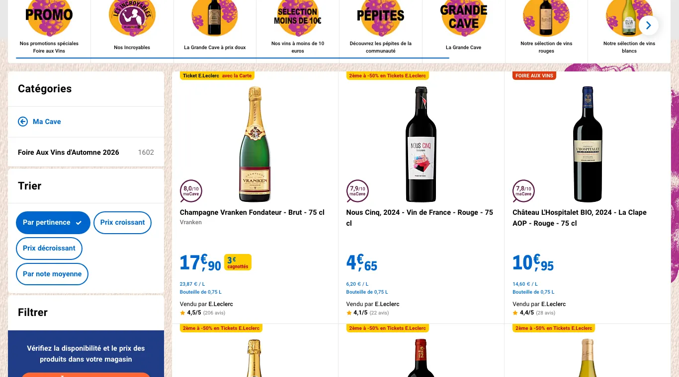 Page Foire aux vins d'automne 2026 d'E.Leclerc avec des bouteilles marquées 2ème à −50 % en Tickets E.Leclerc