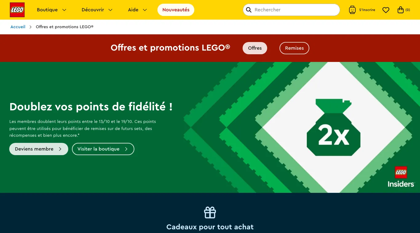 Page Offres et promotions de LEGO : bannière « Doublez vos points de fidélité ! » pour les membres LEGO Insiders entre le 13/10 et le 19/10, avec les boutons Deviens membre et Visiter la boutique.