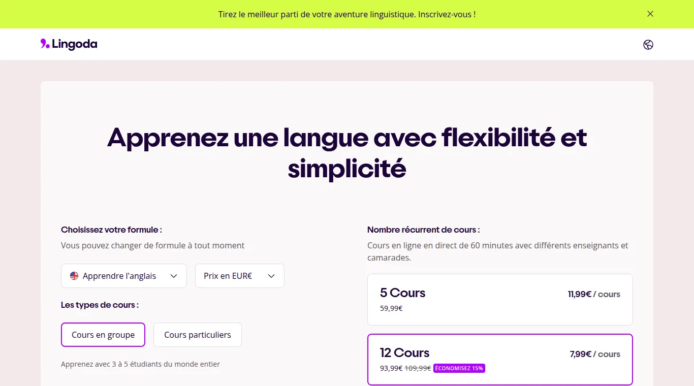 Page tarifs Lingoda montrant la formule 12 cours à 93,99 € au lieu de 109,99 €, avec le badge « Économisez 15 % ».