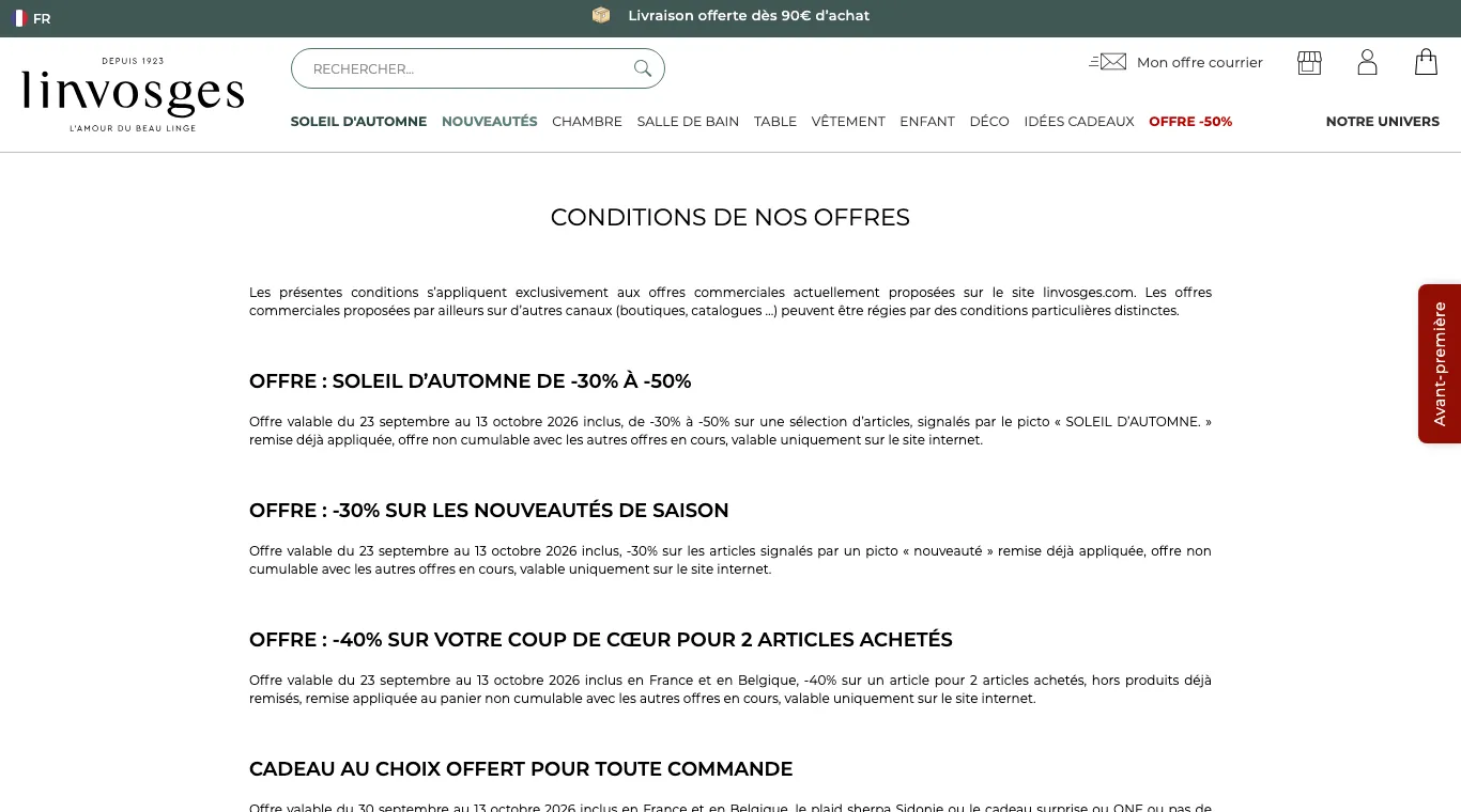 Page « Conditions de nos offres » de Linvosges : dates de validité, articles signalés par un picto, offres non cumulables, valables uniquement sur le site