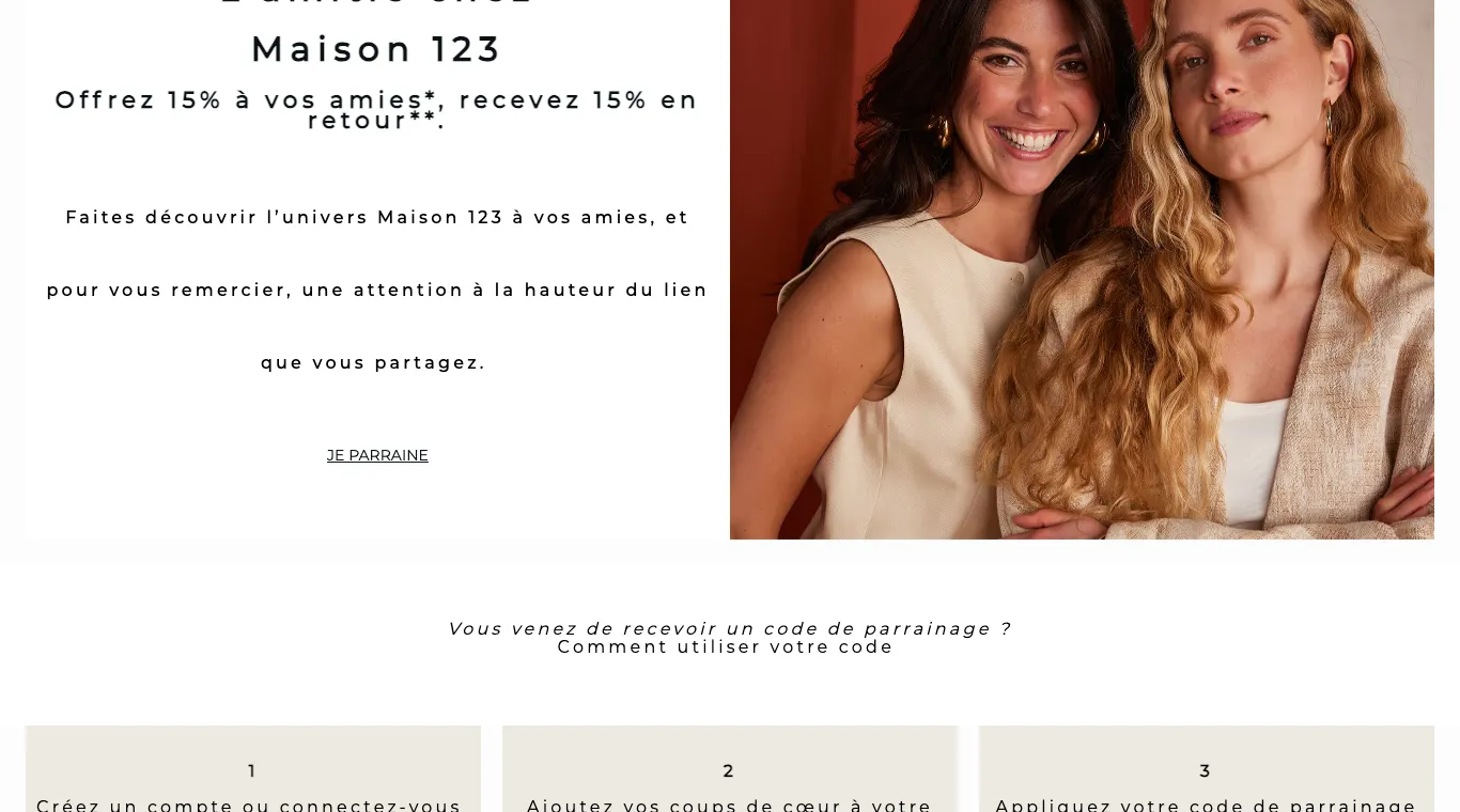 Page parrainage Maison 123 : offrez 15 % à vos amies, recevez 15 % en retour.