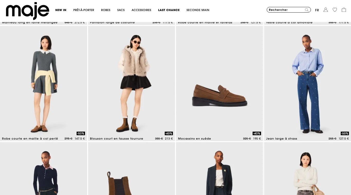 Page Last Chance de Maje avec articles à −50 % et −40 % en prix barrés