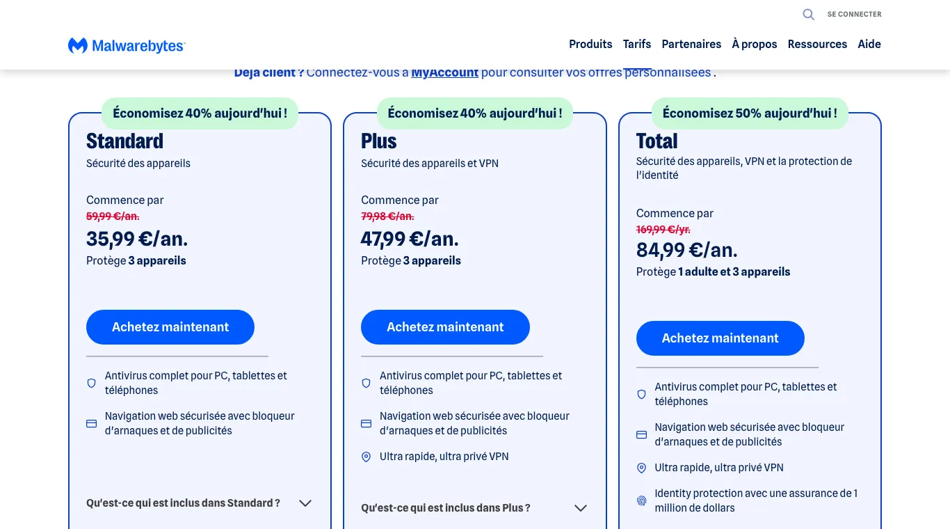 Page tarifs Malwarebytes avec Standard et Plus à −40 %