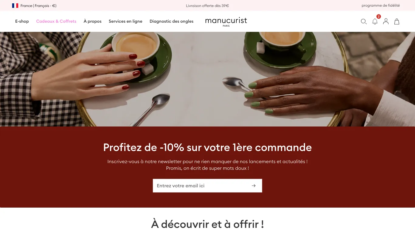 Page Manucurist annonçant −10 % sur la 1re commande avec la newsletter