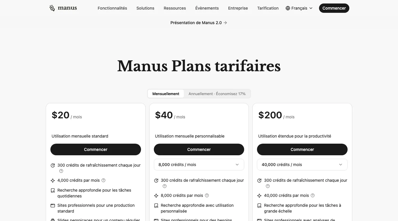 Page tarifs Manus avec le choix Annuellement et 17 % d'économie