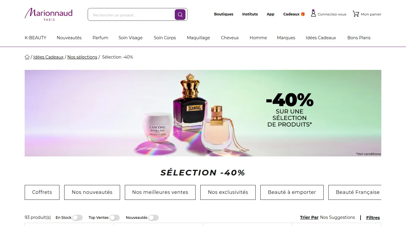 Page « Sélection −40 % » de Marionnaud avec la bannière « −40 % sur une sélection de produits » et 93 produits listés.