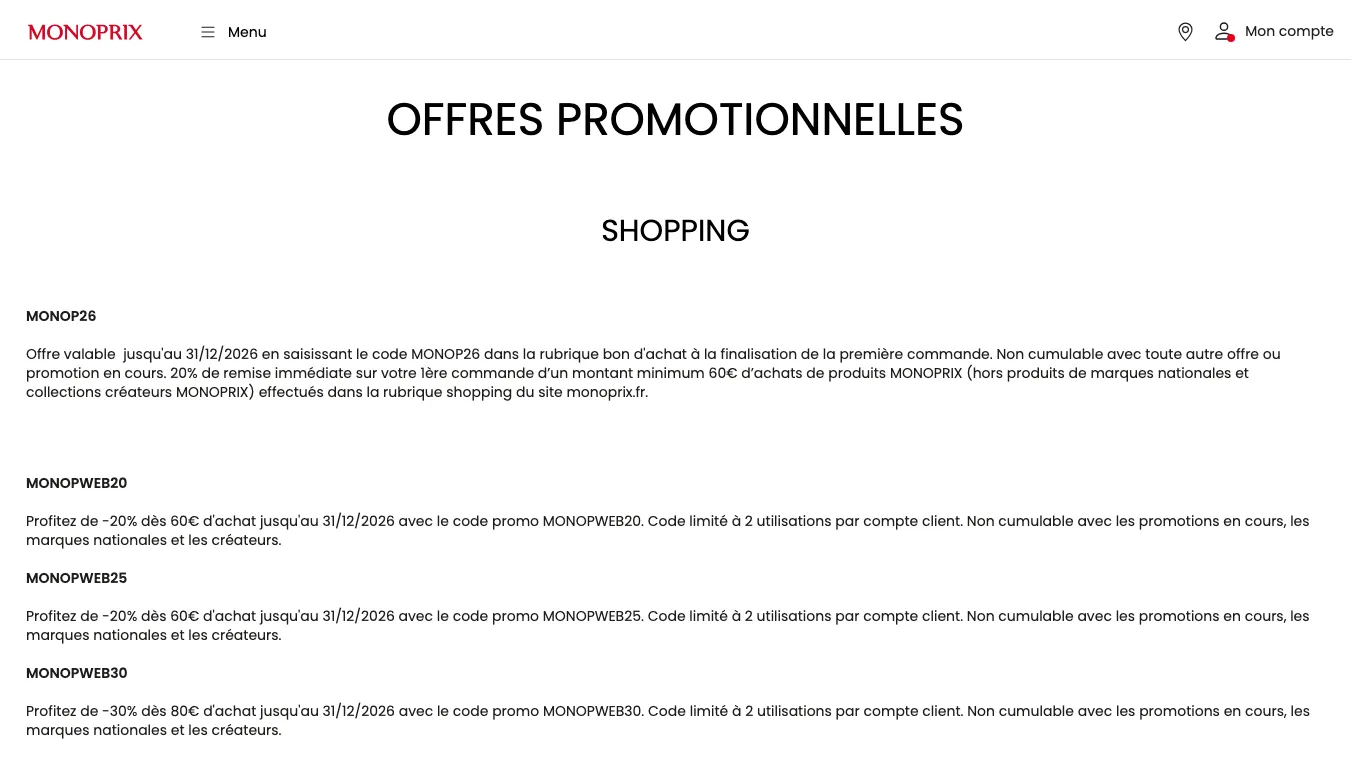 Page Offres promotionnelles de monoprix.fr, rubrique Shopping : conditions des codes MONOP26, MONOPWEB20, MONOPWEB25 et MONOPWEB30