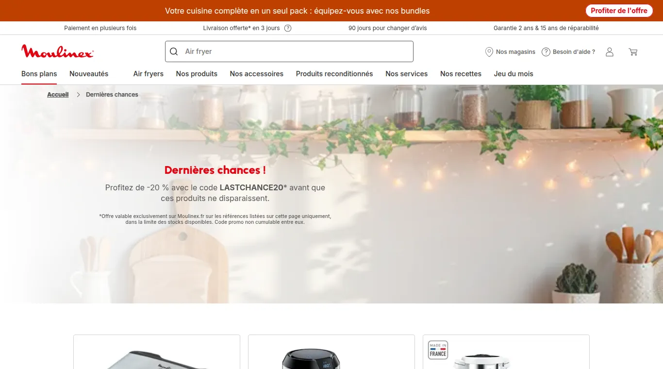 Page « Dernières chances » de Moulinex annonçant −20 % avec le code LASTCHANCE20.