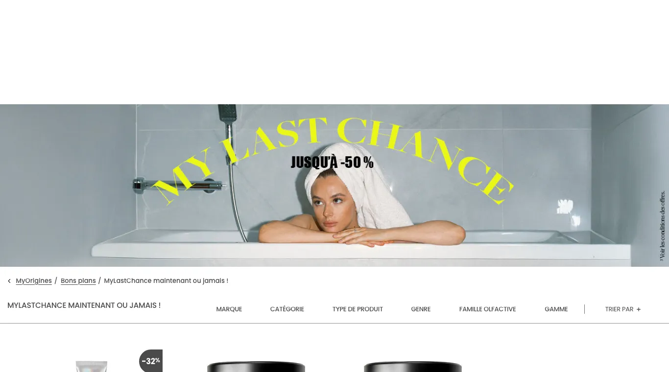 Page MyLastChance de My-Origines annonçant jusqu'à −50 % sur une sélection