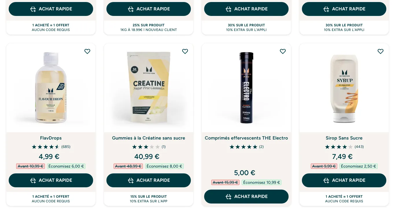 Page Meilleures Ventes de Myprotein avec les étiquettes 25 % ou 30 % sur produit et 10 % extra sur l'appli