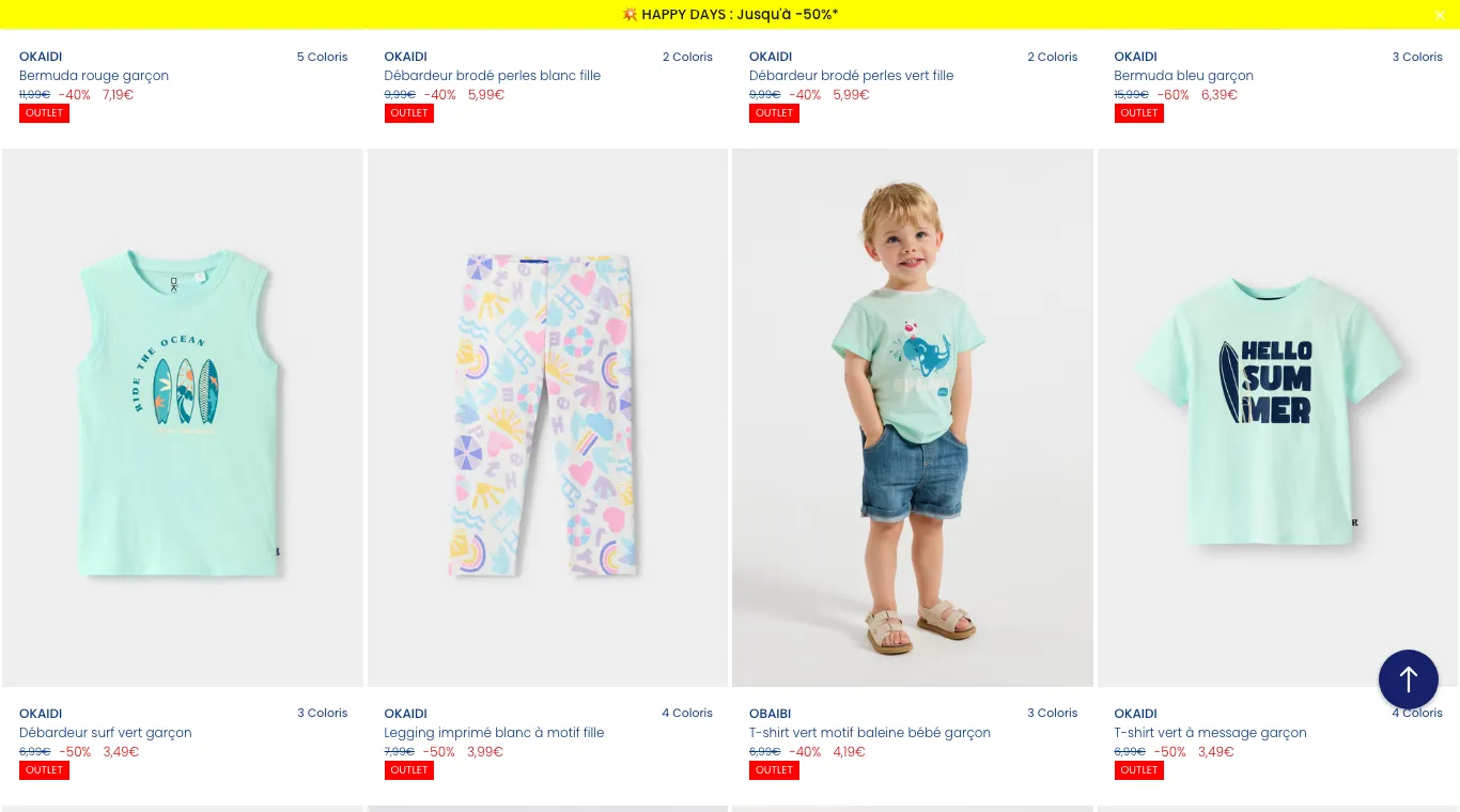 Page Outlet d'Okaïdi avec des vêtements enfant à −40 %, −50 % et −60 % et le bandeau Happy Days