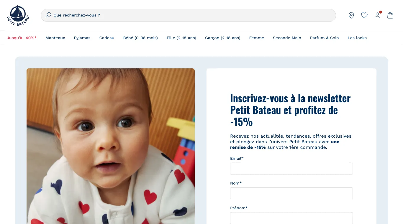 Page d'inscription à la newsletter Petit Bateau annonçant 15 % de remise sur la première commande