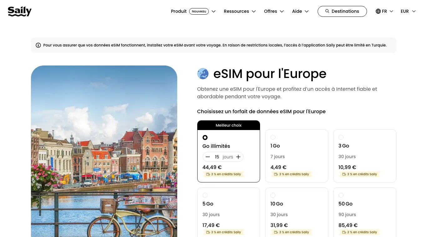 Page eSIM pour l'Europe de Saily avec les forfaits de 1 Go à 50 Go et leurs prix