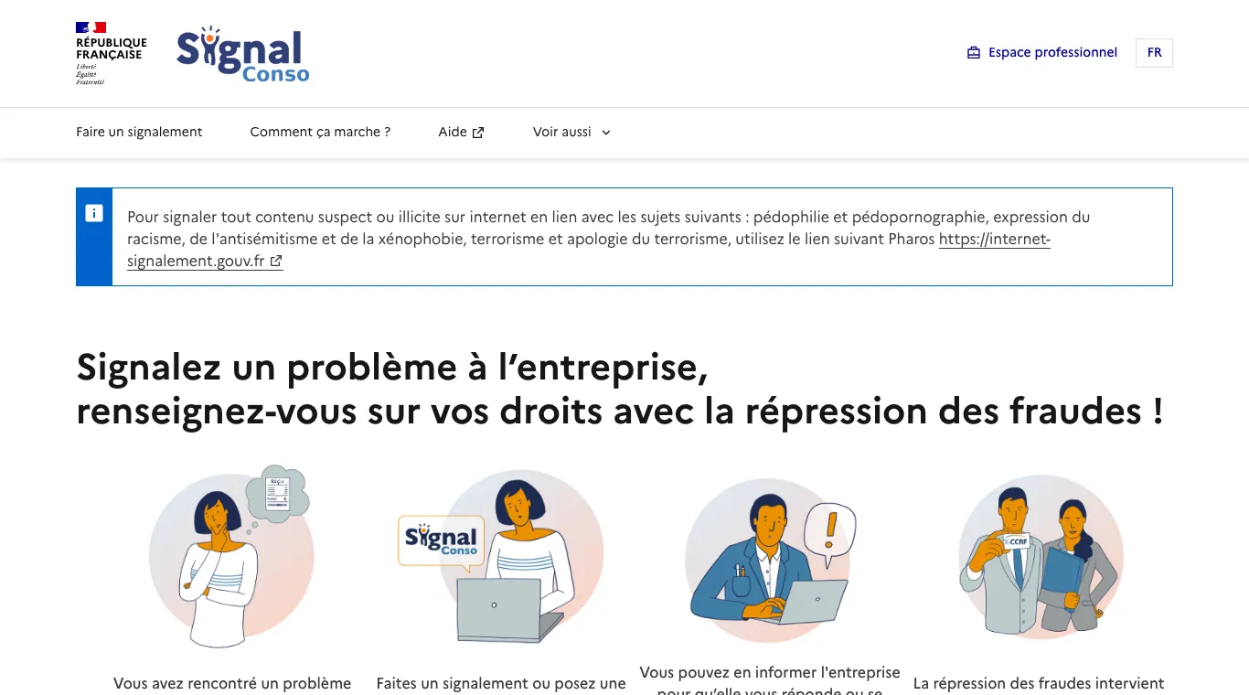 Page d'accueil de SignalConso, service public : signaler un problème à l'entreprise et se renseigner sur ses droits avec la répression des fraudes