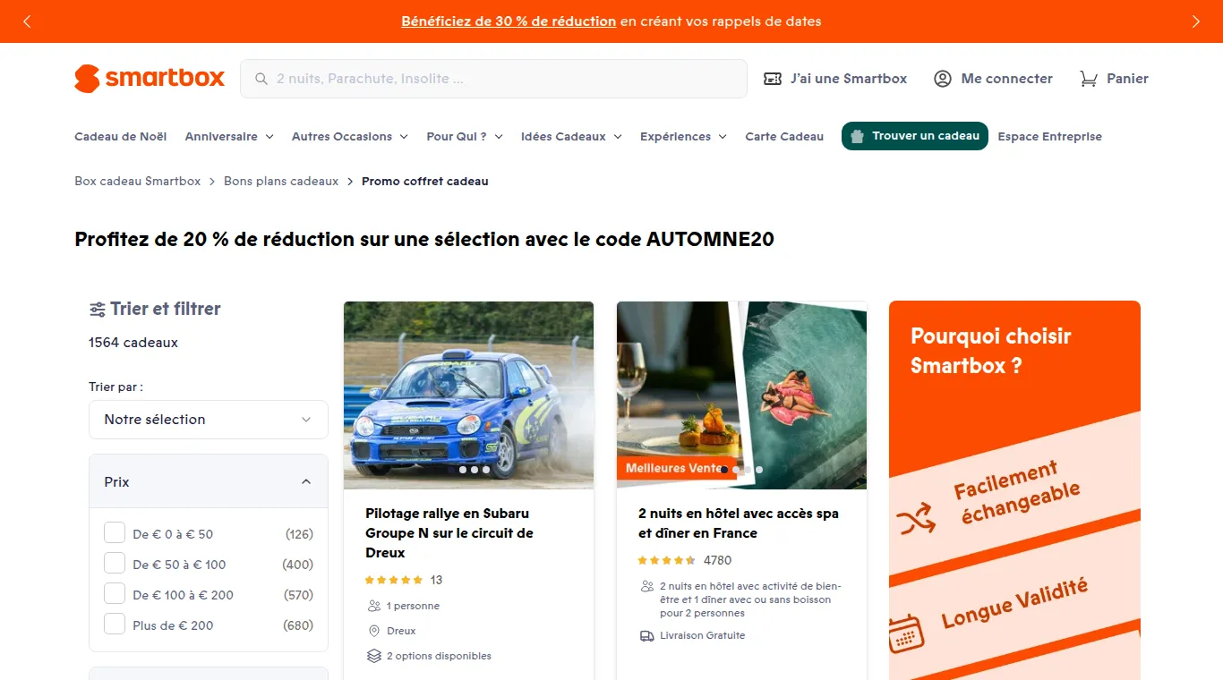 Page promotions de Smartbox : −20 % sur une sélection avec le code AUTOMNE20.