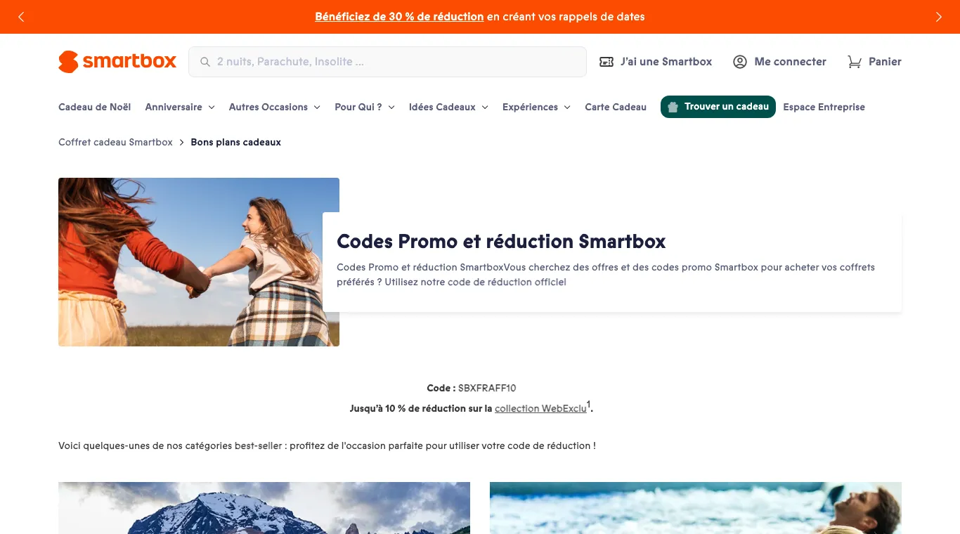 Page « Codes Promo et réduction » de Smartbox : code SBXFRAFF10, jusqu'à 10 % de réduction sur la collection WebExclu